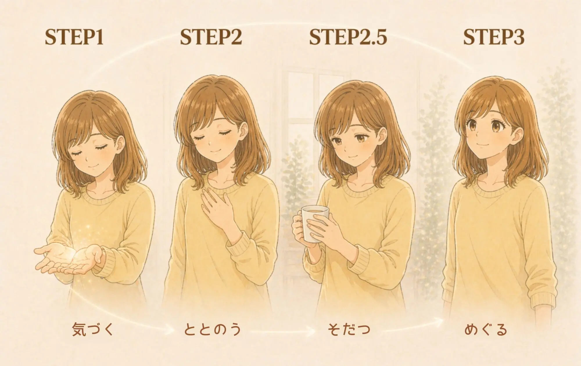 気づく・整う・育つ・めぐるという流れで、内側の心地よさが満ちていくイメージ